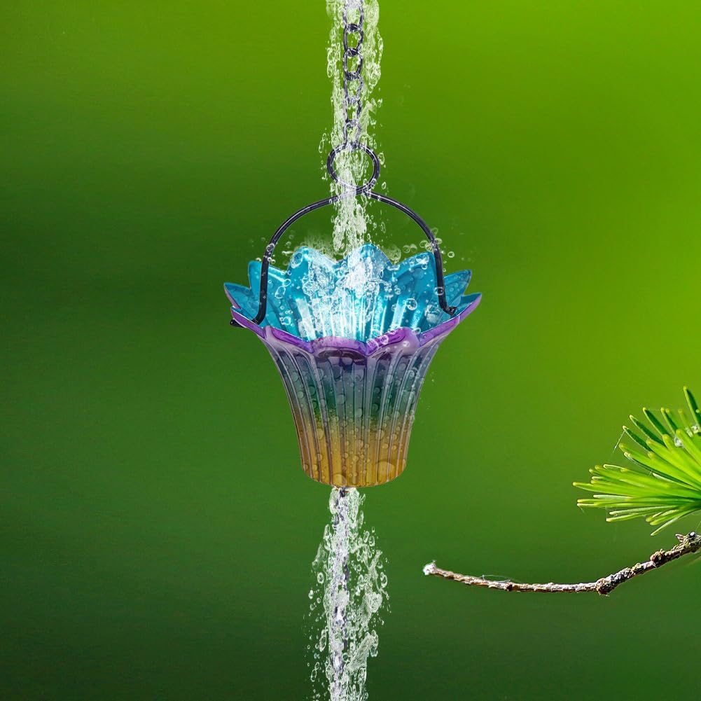 10FT Rain Chains for Outside, Rain Gutter Chain with 12 Lily Cups, Adjustable Rain Water Chain with Bell for Eaves Drainage, Replacement for Downspout