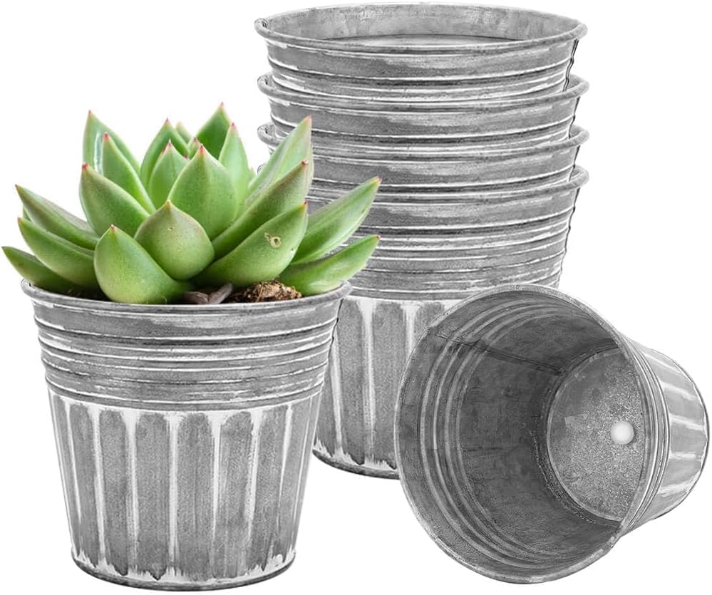 vensovo 4 Inch Silver Metal Rustic Flower Pots - 6Pcs Small Galvanized Planters with Drainage Hole and Rubber Plug, Rustproof Metal Bucket Plant Pots Farmhouse Vintage Style for Decor