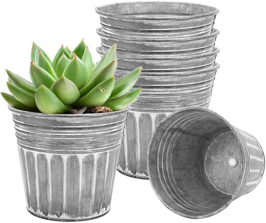 vensovo 4 Inch Silver Metal Rustic Flower Pots - 6Pcs Small Galvanized Planters with Drainage Hole and Rubber Plug, Rustproof Metal Bucket Plant Pots Farmhouse Vintage Style for Decor