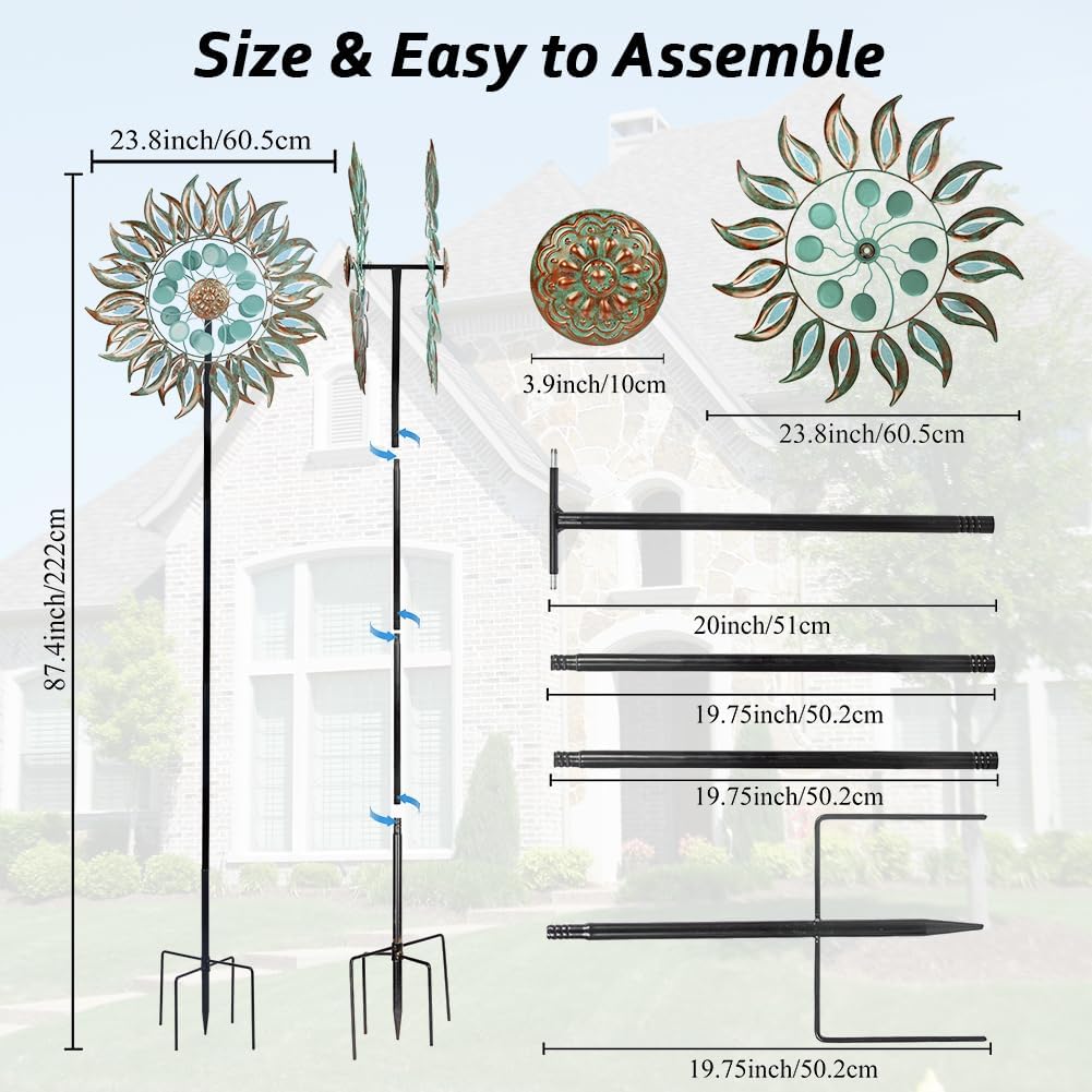 DREAMSOUL 24" Dia Large Wind Spinners Outdoor with 5 Prongs Stake, Metal Kinetic Wind Spinners for Yard and Garden