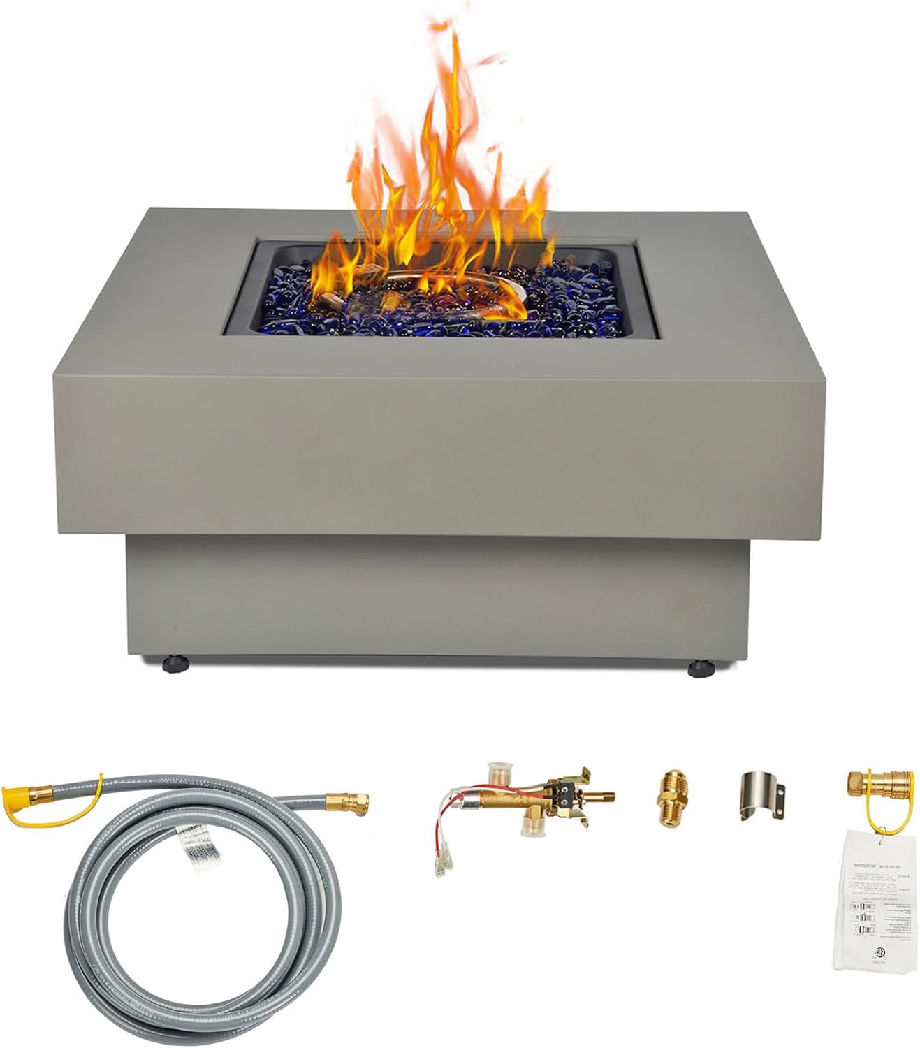 32.5-inch Fire Table with Natural Gas Conversion Kit, 50,000BTU Outdoor Modern Patio Fire Pit Table w/Square Burner Lid, Glass Rocks, Cover