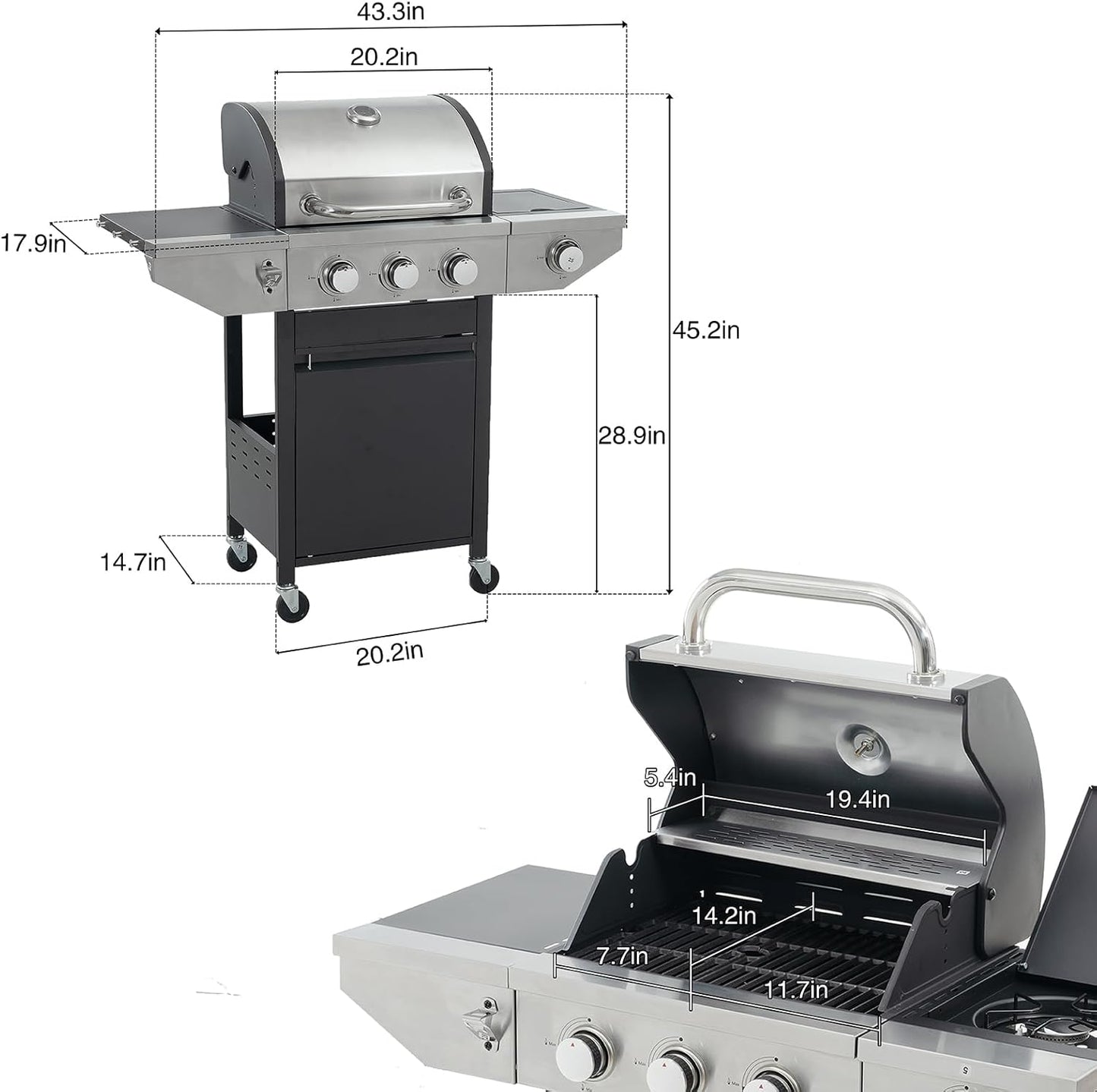 Endark 3-burner propane gas grill | 37,000 BTU stainless steel with side-fire function | with enameled cast iron grate, thermometer and side stand wheels | great for patio and garden outdoor cooking