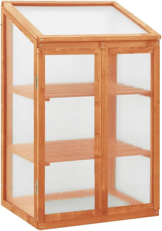 Solid Firwood Garden Portable Wooden Greenhouse with 2 Shelves and Open Bottom, Mini Greenhouse Cabinet 23.6"x17.7"x39.4"/Brown