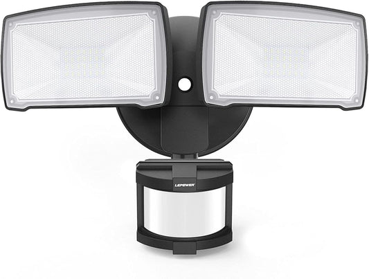 LEPOWER LED Security Lights Motion Sensor Light Outdoor, 30W 3200LM Motion Security Light, 5500K, IP65 Waterproof, 2 Head Motion Detector Flood Light for Garage, Yard, Porch, Black (Not Solar Powered)