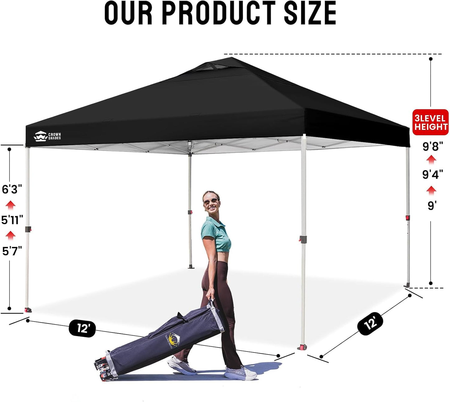 CROWN SHADES 12x12 Pop Up Canopy Outside Canopy, Patented One Push Tent Canopy with Wheeled Carry Bag, Bonus 8 Stakes and 4 Ropes, Black