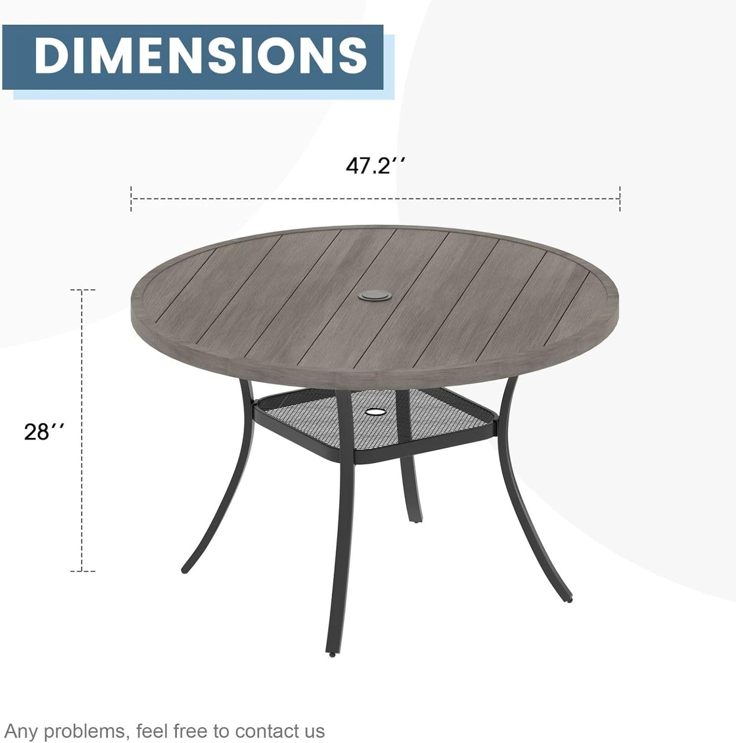 DIFY 48" Round Patio Dining Table for 6, Outdoor Metal Dining Table with 1.57" Umbrella Hole for Backyard Lawn Garden, Grey Wood-Like