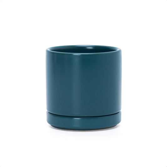 D'vine Dev 3.5 Inch Ceramic Planter Pot with Drainage Hole and Saucer, Indoor Cylinder Round Planter Pot, Teal, 94-O-A-9
