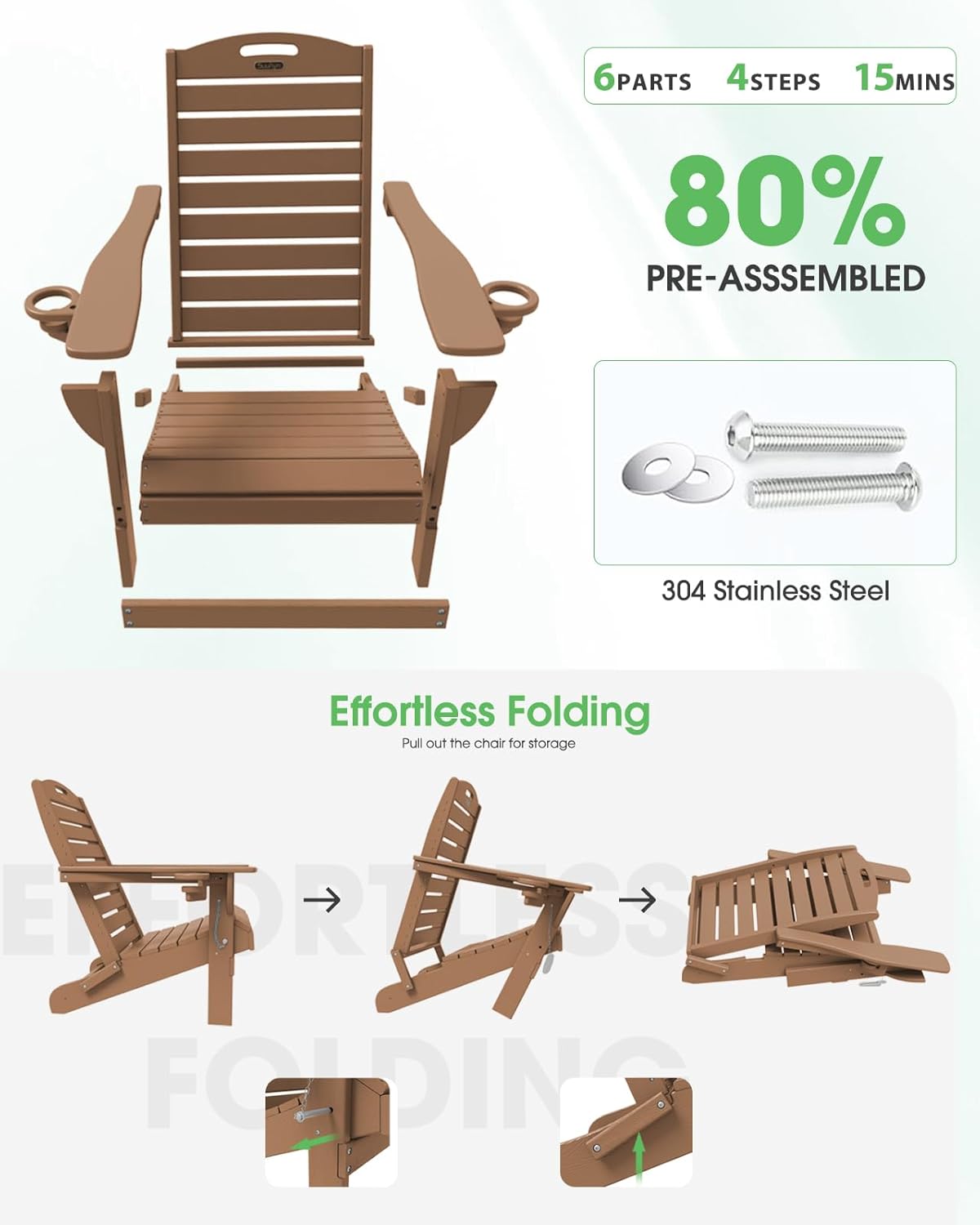 Adirondack Chairs Set of 4, Outdoor Fire Pit Chairs, HDPE All-Weather Adirondack Chairs with Cup Holder, Lawn Chair for Deck, Patio, Garden (Teak)