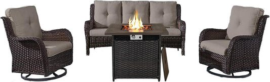 Outdoor Patio Furniture Set with 50000BTU Propane Fire Pit Table, 4 Pieces Wicker Patio Conversation Set with 2 Swivel Rocker Glider Chairs Rattan Sofa Blue Cushion Perfect for Casual Gathering