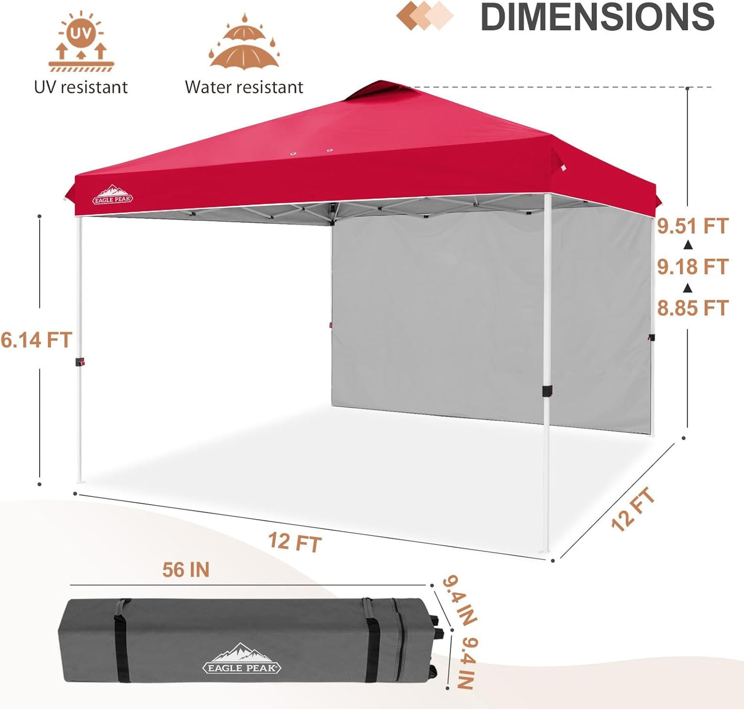 EAGLE PEAK Pop Up Canopy Tent with 1 Sidewall, Easy Setup Event Tent, Outdoor Sun Shade, Wheeled Carry Bag, Stakes and Guy Ropes, Instant Canopy 12x12, Red