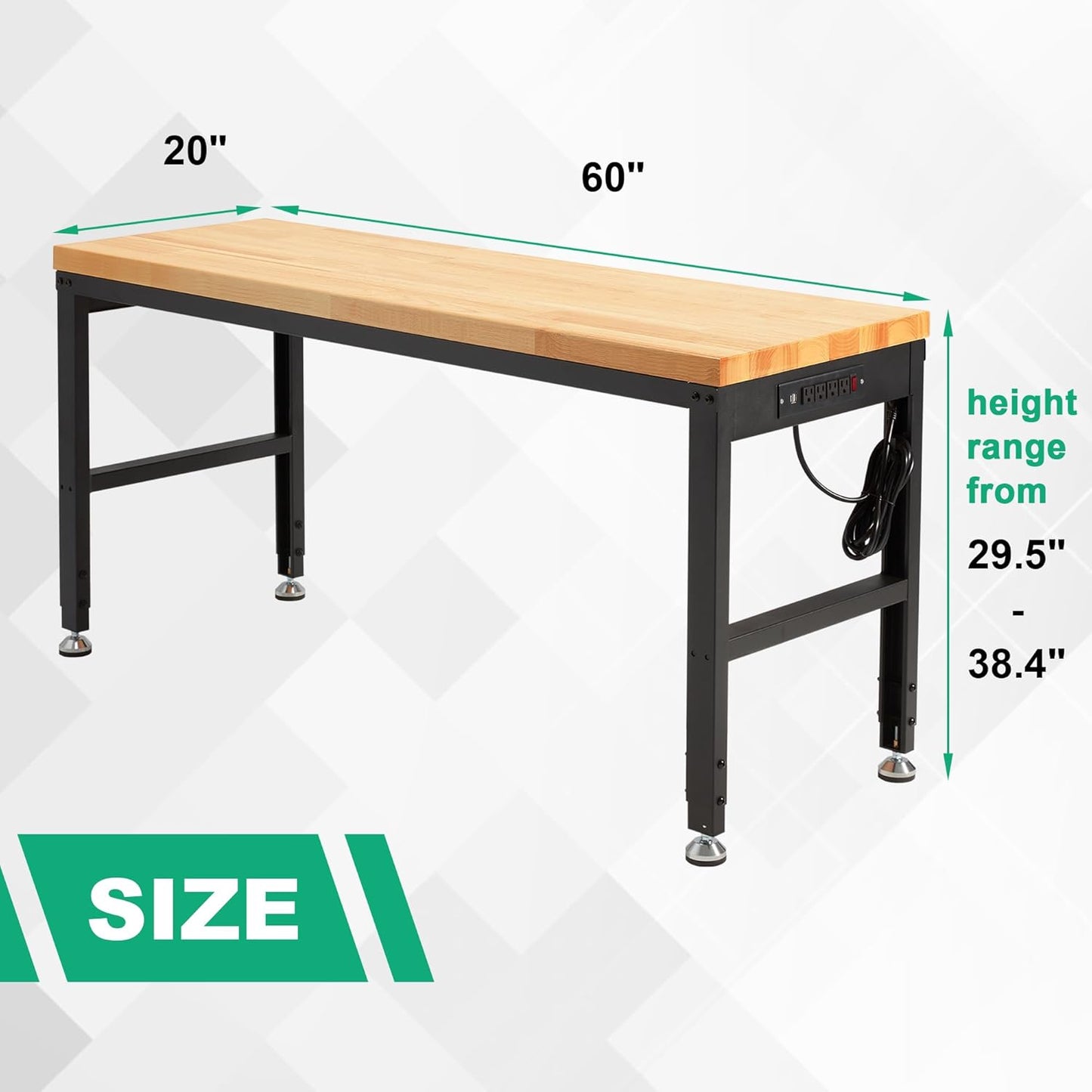 HABUTWAY Height Adjustable Workbench, 60"x20" 2000 Lbs Capacity Solid Wood Work Station Heavy-Duty, with Power Outlets, for Garage Party Shop Office