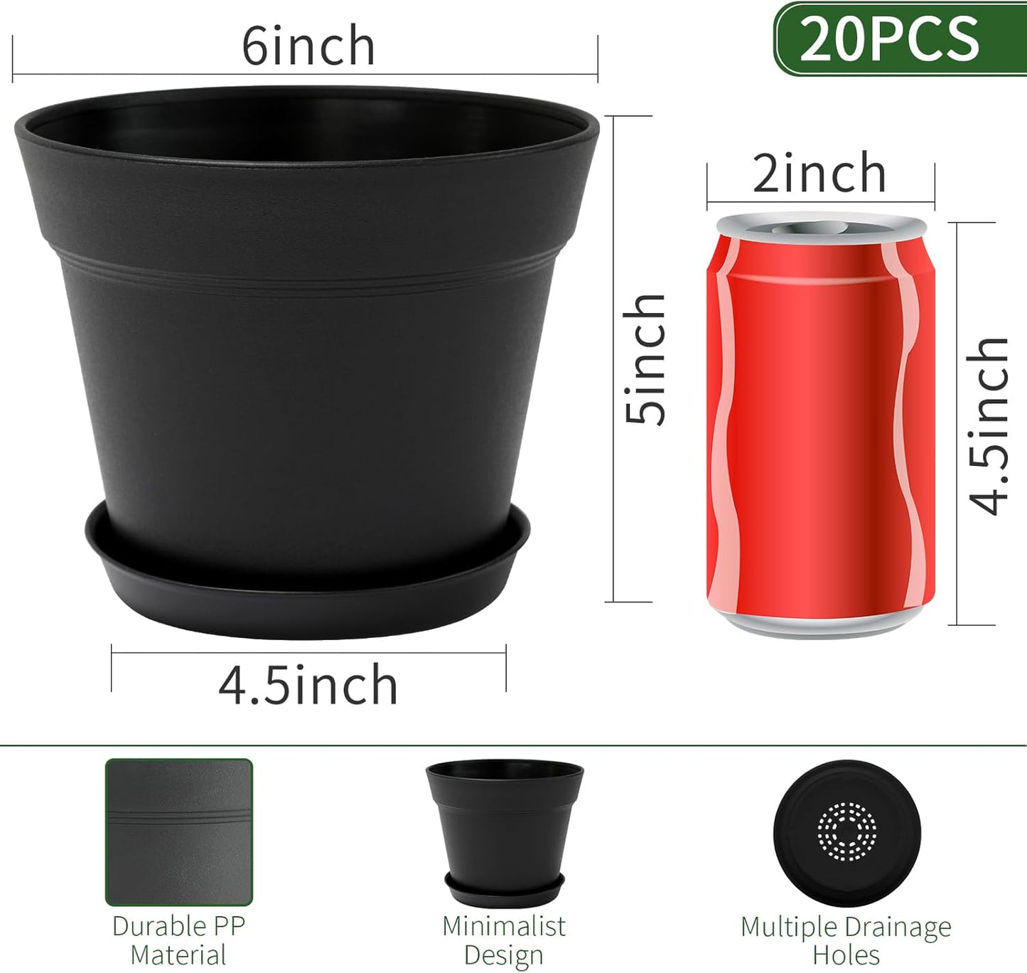 GARDIFE 20 Pack 6 inch Plant pots, planters for Indoor Plants, Flower pots, Black