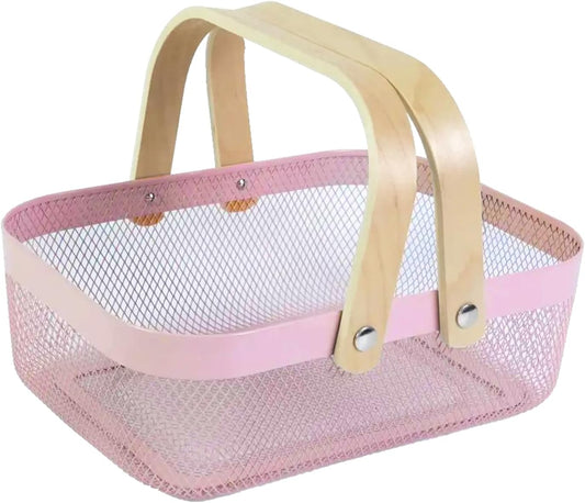 Metal Mesh Steel Basket, Storage Organizer Basket Garden Harvest Basket Multi-functional Kitchen Fruit Baskets Bin with Wooden Handle for Bathroom Picnic Shopping Decor Cabinet Home, Pink
