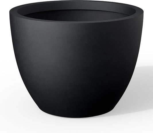 Kante 17.3 Inch Round Concrete Planter - Classic Large Indoor/Outdoor Plant Pot with Drainage Hole and Rubber Plug, Suitable for Gardens and Patios, Black