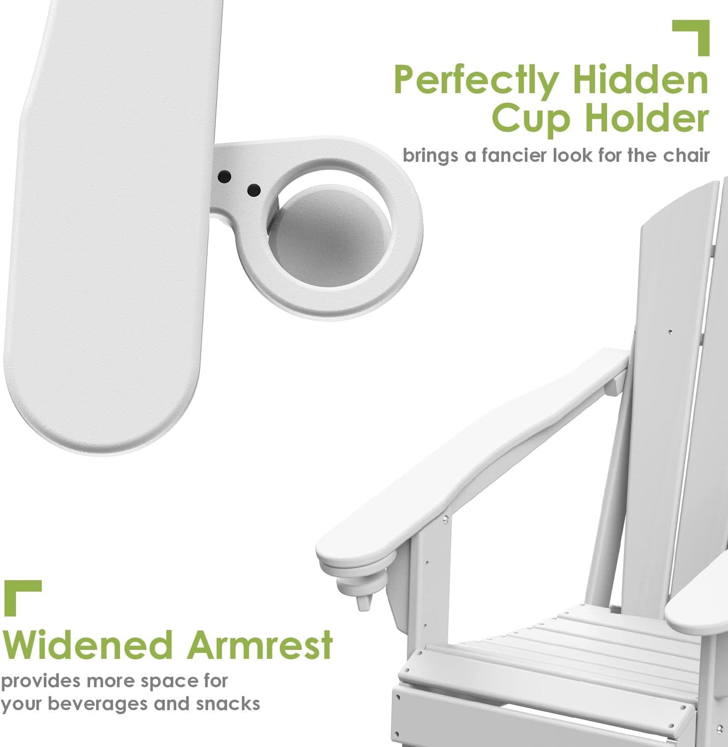 GREENVINES Folding-Adirondack-Chair | HDPE Plastic | Fire Pit Chairs | All Weather | Cup Holder | White | for Deck Backyard Patio Outdoor Garden