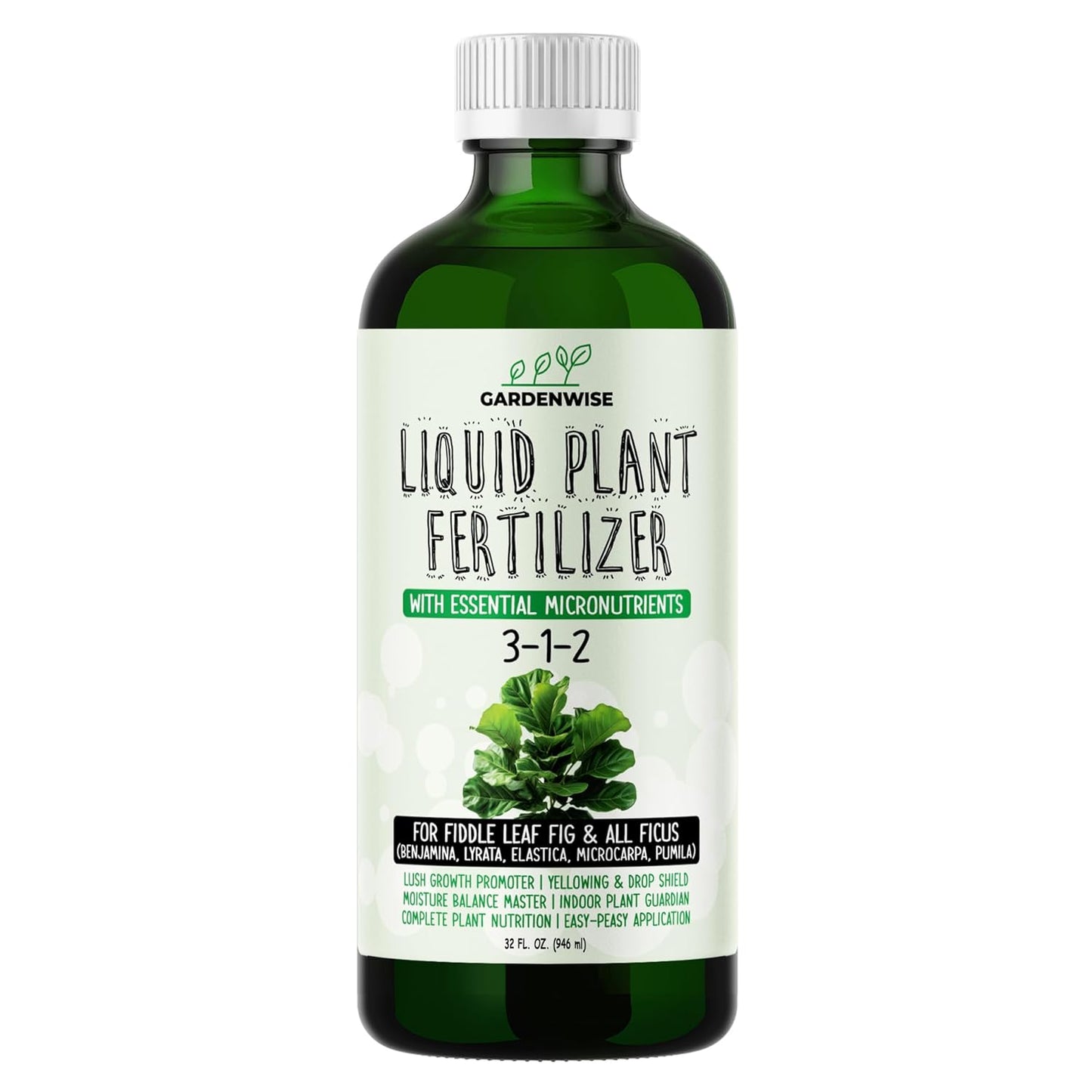 3-1-2 Liquid Fertilizer Concentrate with Micronutrients - Optimal Fiddle Leaf Fig Plant Food, Ideal for Ficus Lyrata & Fig Trees, Gold Leaf Enhanced Indoor Plant Fertilizer (32 OZ)