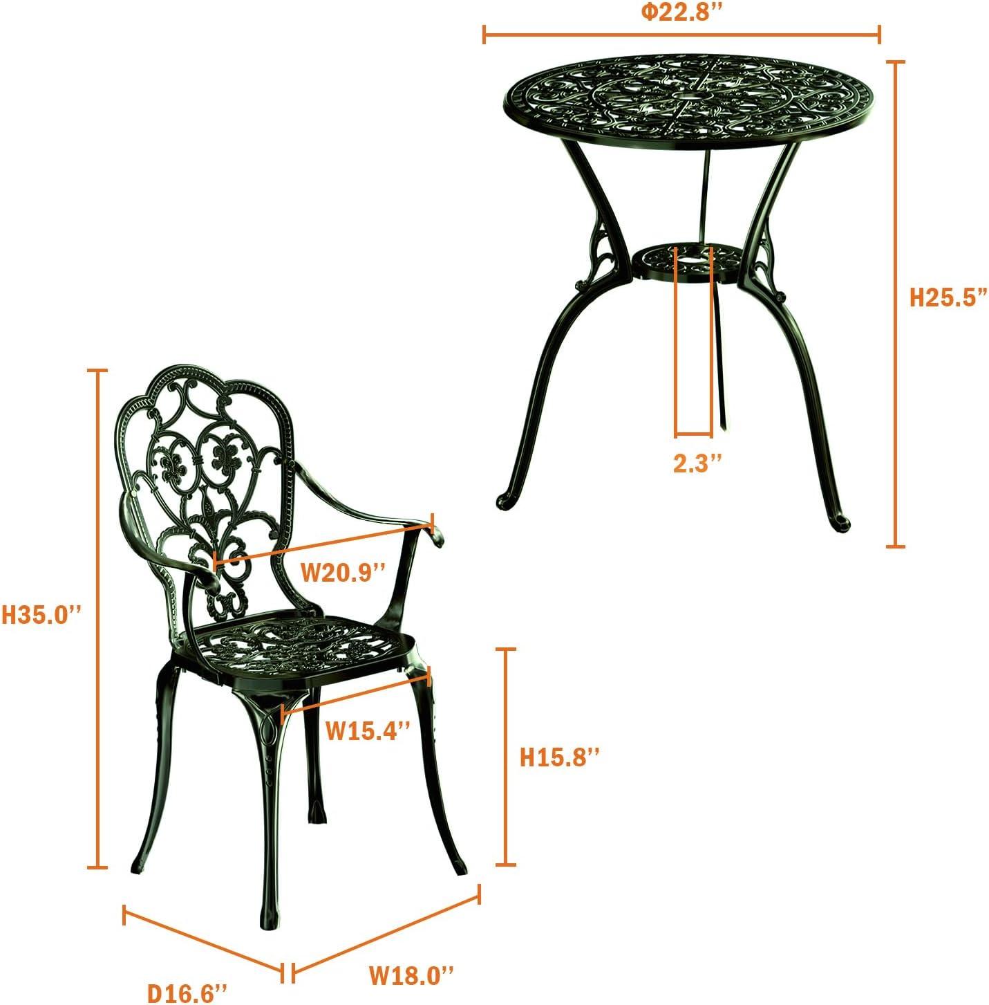 Patio Bistro Set of 2, Cast Aluminum, Outdoor Set w/Umbrella Hole, 3 Piece Table and Chairs Set, Bistro Set for Backyard/Garden/Lawn, Green