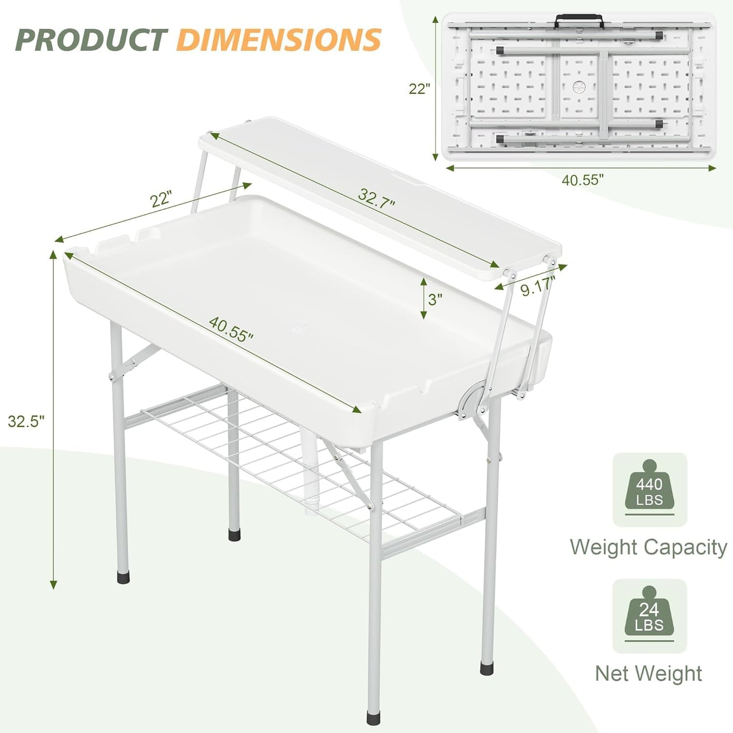 Outdoor Ice Cooler Folding Table with Extra Storage Shelf,Ice Tables for Parties with Drain,Cooler Server for Camping, Picnic, Wedding, BBQ, White