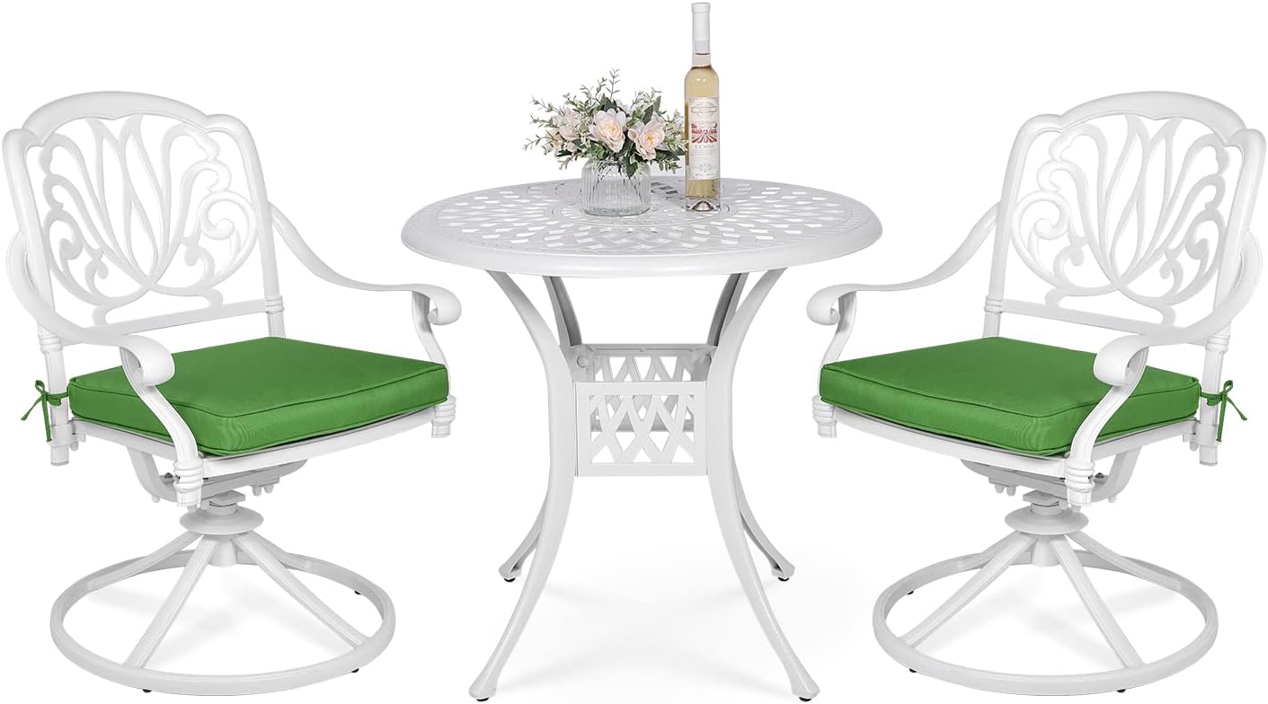 VIVIJASON 3-Piece Patio Furniture Dining Set, Outdoor All-Weather Cast Aluminum Bistro Set, Include 2 Swivel Chairs and 31" Round Table w/Umbrella Hole for Balcony, Lawn, Garden, Backyard, White