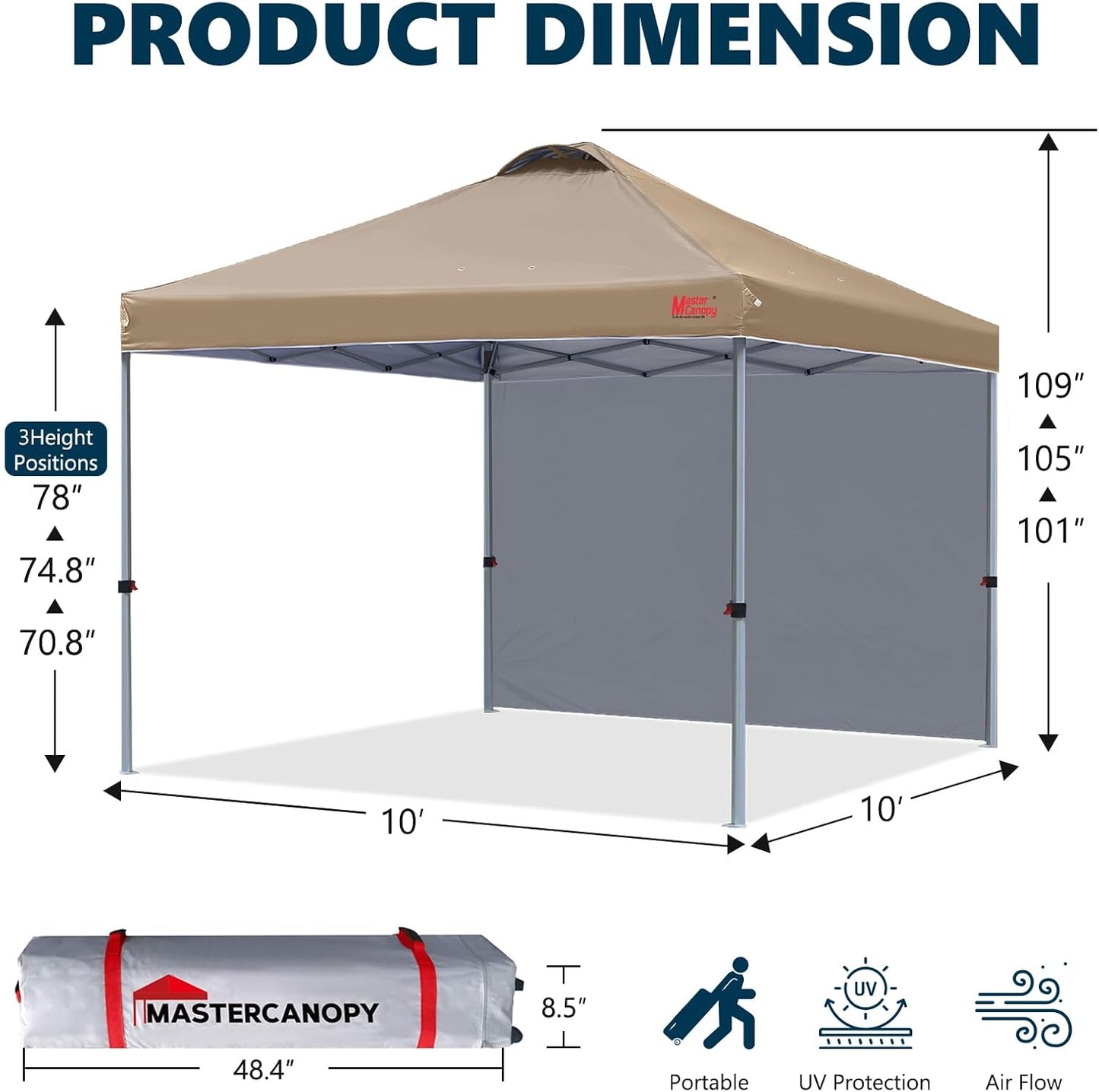 MASTERCANOPY Durable Pop-up Canopy Tent with 1 Sidewall (10'x10',Khaki)