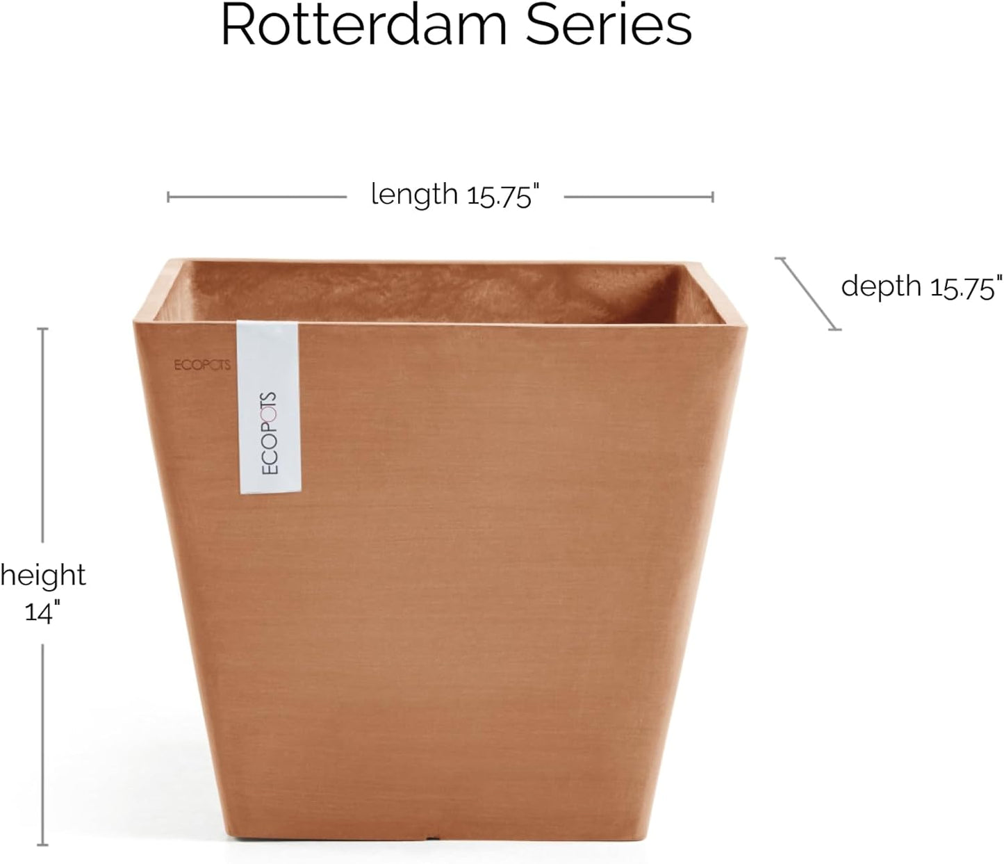 Ecopots Rotterdam Durable Modern Square Indoor/Outdoor Recycled-Based Composite Flower Planter, Terracotta Color, 15.75"