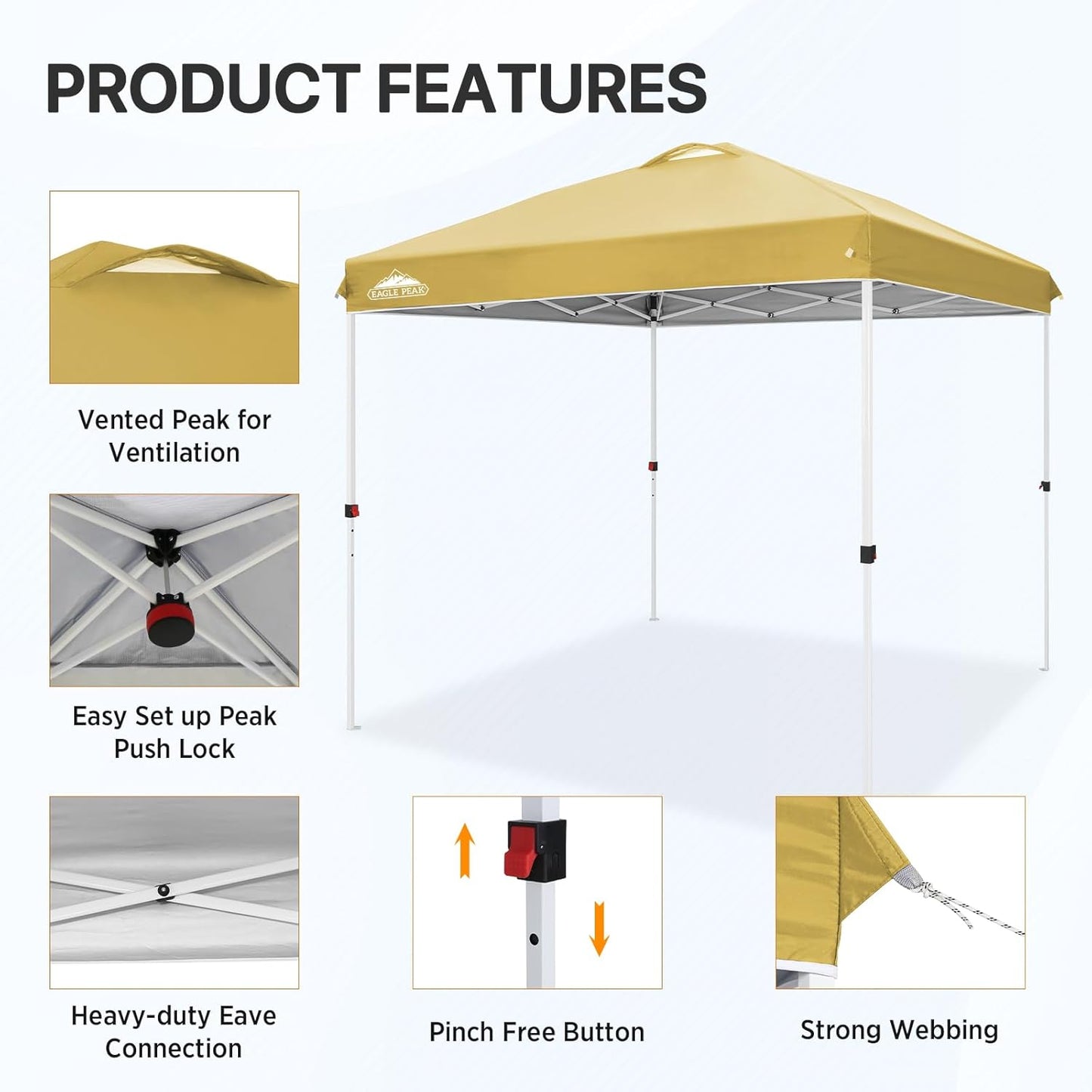 EAGLE PEAK Pop Up Canopy Tent with Wheeled Carry Bag, 8 Stakes, 4 Ropes, Easy Set Up Tent Canopy, 8x8 ft, Beige