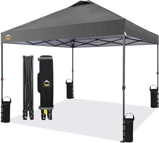 CROWN SHADES 10x10 Pop Up Canopy Tent - Patented Center Lock One Push Instant Outdoor Canopy Beach Tent with STO-N-Go Bag 8 Stakes & 4 Sand Bags，Grid Grey