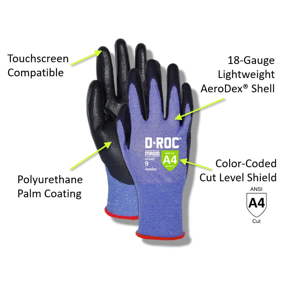 MAGID D-ROC ANSI A4 AeroDex Polyurethane Palm Coated Work Gloves, 1 Pair, Size 11/2XL, GPD482