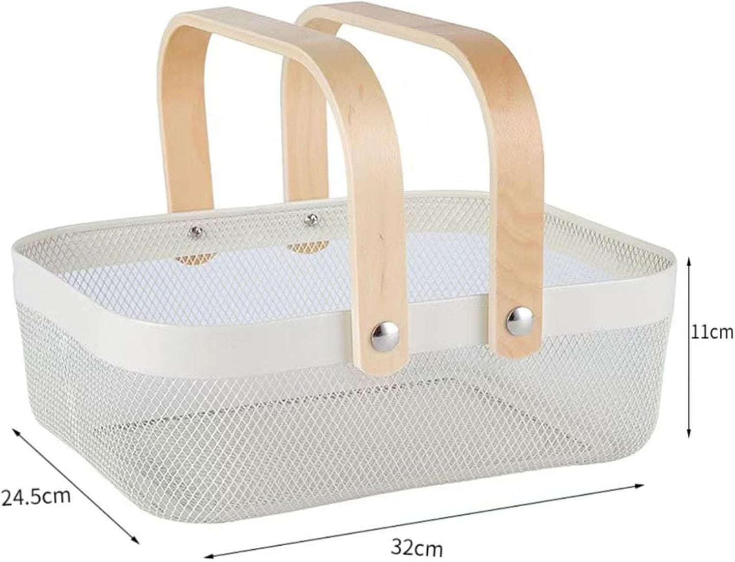 Metal Mesh Steel Basket, Storage Organizer Basket Garden Harvest Basket Multi-functional Kitchen Fruit Baskets Bin with Wooden Handle for Bathroom Picnic Shopping Decor Cabinet Home, White