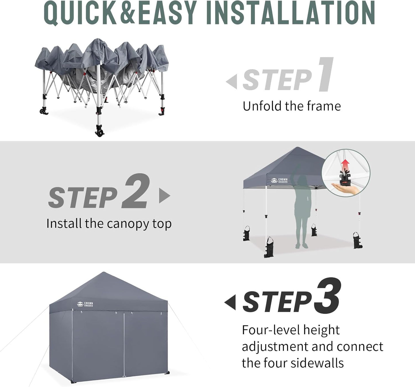 CROWN SHADES 10x10 Pop Up Canopy Tent Instant Commercial 1-Person Setup Patended Centerlock with 400D Fabric, 4 Sidewalls, 4" Wheels, 4 Upgraded Weights, Sto'N Go Bag, Gray