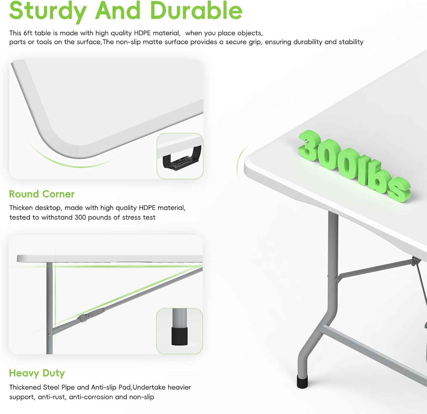 HLPB Folding Table Picnic Table Set, 6 ft Camping Table with 2 Benches, Outdoor Indoor Portable Folding Furniture for Working Meeting Party, Camping, Picnic, Weddings w/Handle and Safety Locks, White