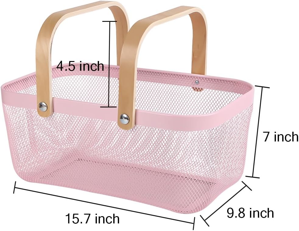 Portable Mesh Harvest Basket - Natural Bamboo Handle Foldable Organizer for Kitchen, Garden & Picnic | Ventilated Storage Bin with Rust-Proof Wire, Space-Saving Farmhouse Decor (Pink)