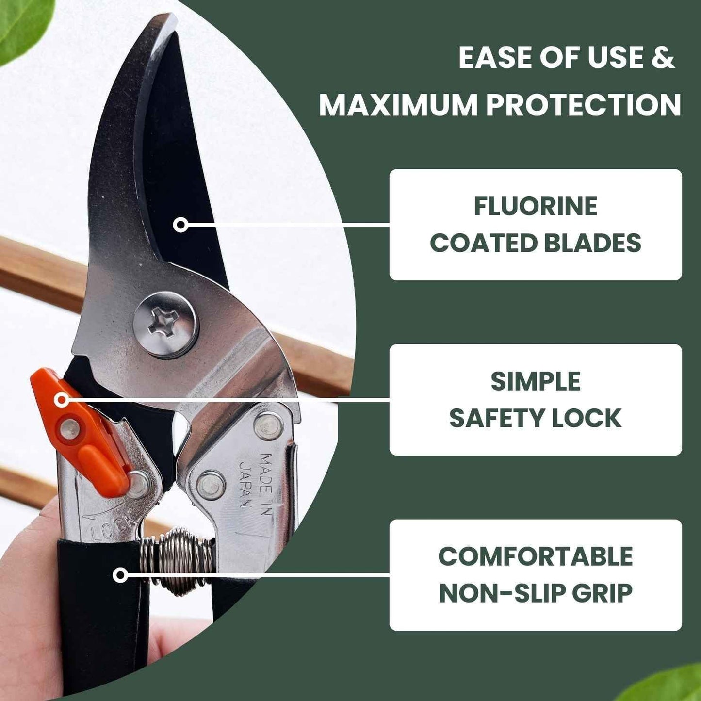 Saboten Japan 7.9" Japanese Pruning Shears - Premium Steel Blades, Rust-Resistant Fluorine Coating, Ergonomic Grip, Duracon Safety Lock - forest Originals, Made in Japan, Gardening & Farming Scissors