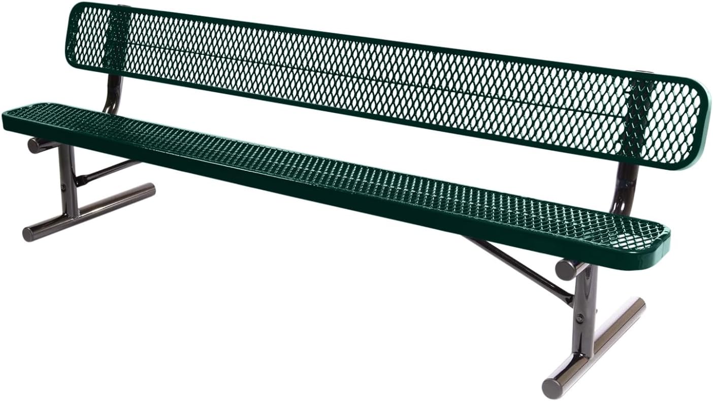 Heavy-Duty Portable Outdoor Bench Thermoplastic Coated, Expanded Metal, Commercial-Grade Seating, Made in America (Portable with Back, 8 Ft, Textured Dark Green)