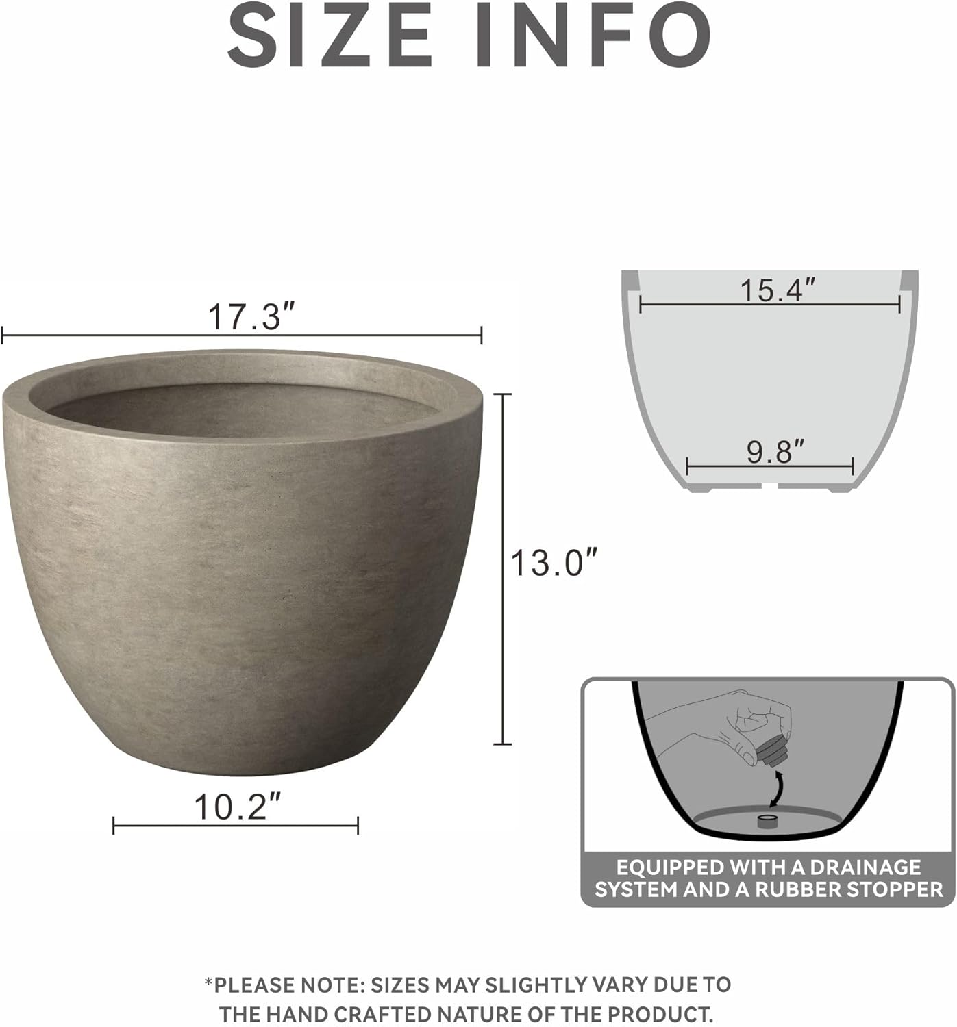 Kante 17.3 Inch Round Concrete Planter - Classic Large Indoor/Outdoor Plant Pot with Drainage Hole and Rubber Plug, Suitable for Gardens and Patios, Weathered Concrete