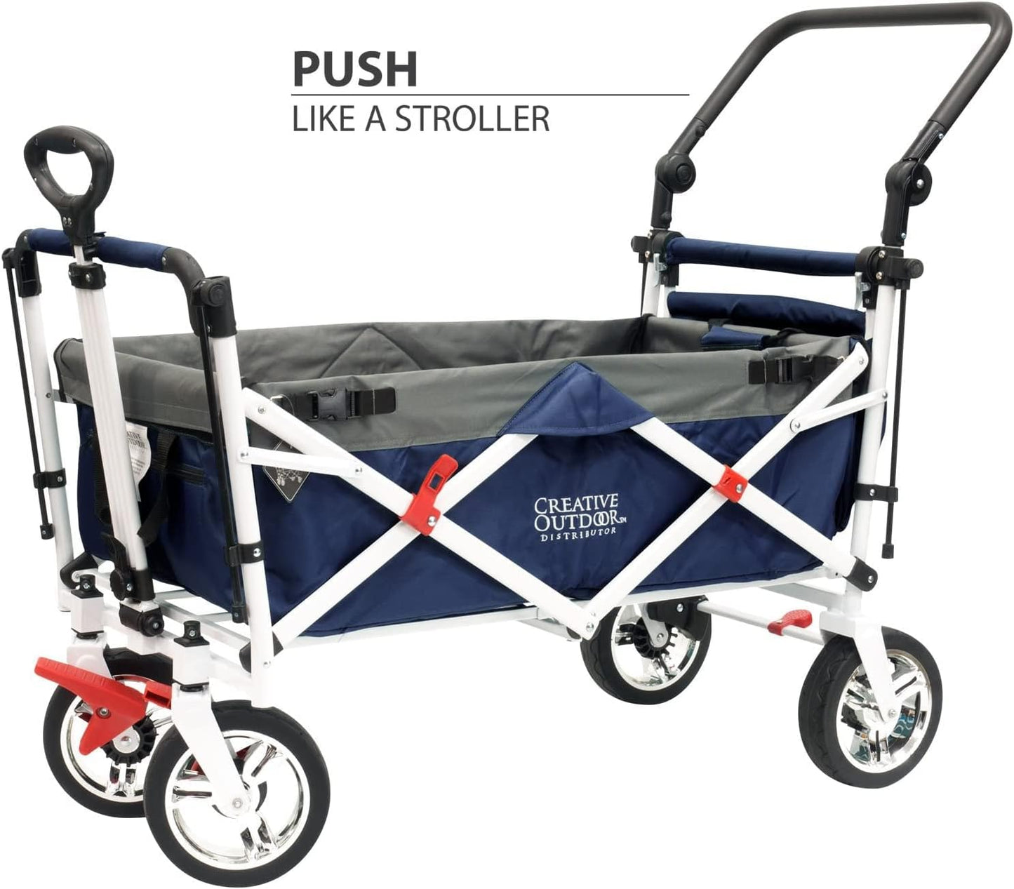 Creative Outdoor Collapsible Stroller Wagon with Seat Belts & Adjustable Handle – Foldable Utility Cart with Removable Canopy for Kids, Gear & Travel – Ideal for Beach, Park & Outdoor Fun - Navy Blue