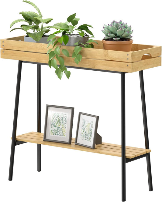 BAMBANG Bamboo Plant Stand Indoor, 2 Tier Wood Small Plant Table, Tall Plant Stand for Indoor Plants, Window Sill Plant Shelf, Flower Pot Holder Plant Bench Plant Rack for Living Room Balcony Outdoor