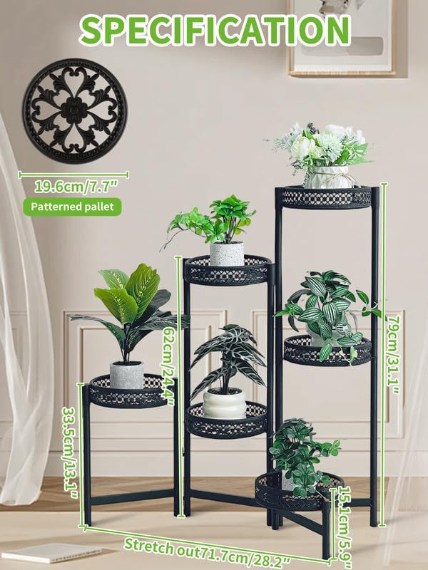 6 Tier Metal Plant Stand Indoor Outdoor, Corner Tall Plant Shelf for Multiple Plants, Foldable Heavy Duty Plant Holder, Decoration Flower Stand for Living Room Balcony Patio Garden- BlackWave