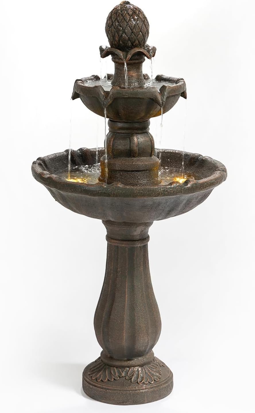 3 Tiers Outdoor Water Fountain–42.2 in. Tall Large Floor-Standing Outside Fountains with Elegant Waterfall Feature for Garden, Yard, Patio, Home Decor (Bronze Color)