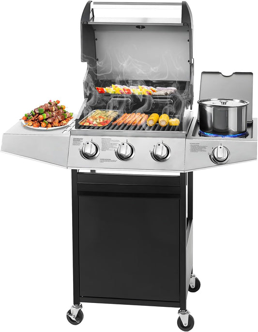 Unovivy 3-Burner Propane Gas BBQ Grill with Side Burner & Porcelain-Enameled Cast Iron Grates Built-in Thermometer, 39,000 BTU Outdoor Cooking, Patio, Garden Barbecue Grill, Black and Silver