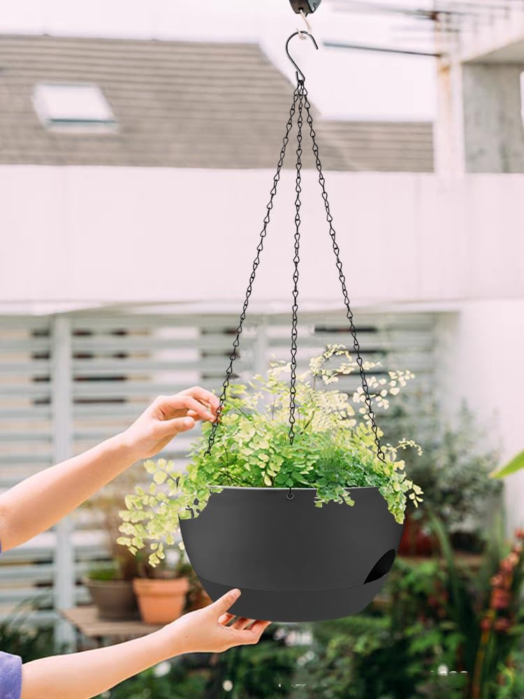 2 Pack Hanging Planters for Indoor Outdoor Plants, 12 Inch Self Watering Hanging Pot with Drainage Holes and Saucer, Plastic Plant Pots, Black Flower Pots for Kitchen, Balcony, Garden
