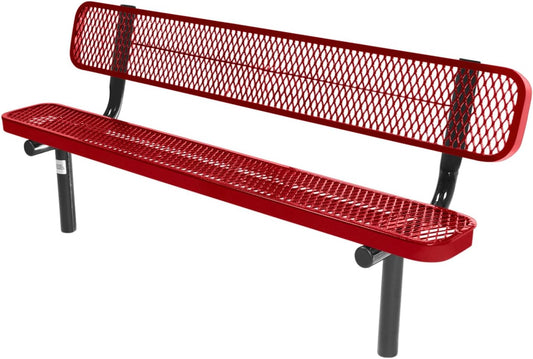 Coated Outdoor Furniture Heavy-Duty Outdoor Bench Thermoplastic Coated, Expanded Metal, Commercial-Grade Seating, Made in America (Inground with Back, 6 Ft, Textured Red)