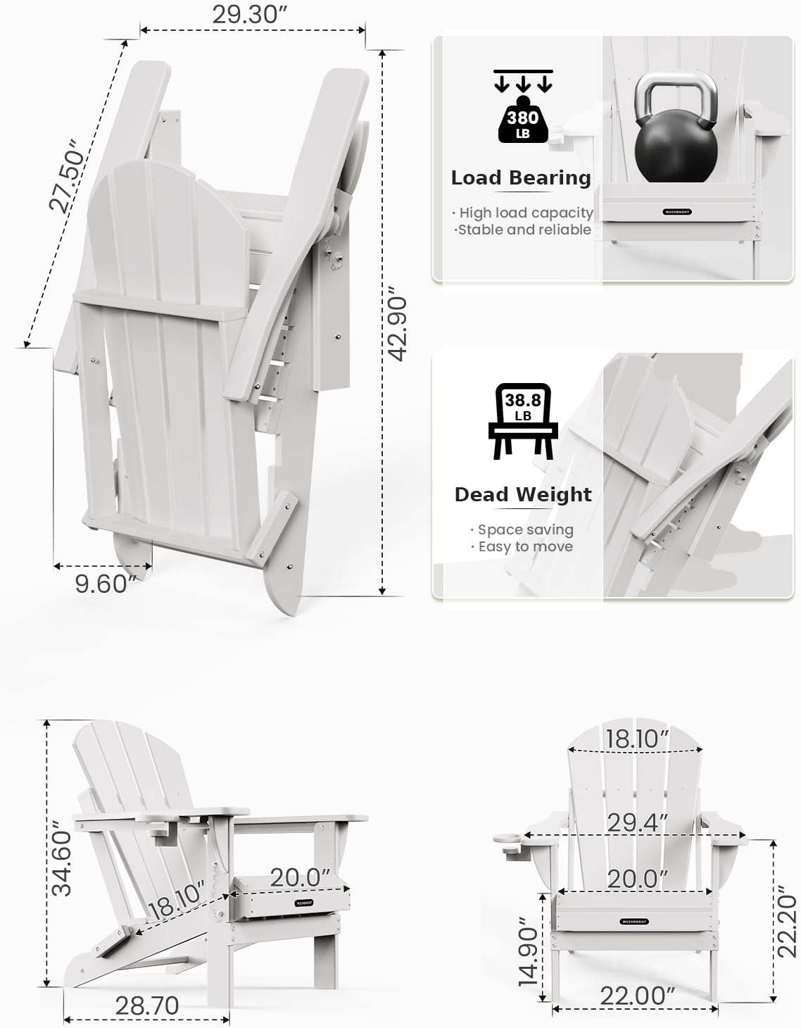 MUCHENGHY Folding Adirondack Chairs, Patio Chairs, Lawn Chairs, Outdoor Chairs, Adirondack Chair Plastic, Fire Pit Chairs, Weather Resistant with Cup Holder for Deck, Backyard, Garden(White)