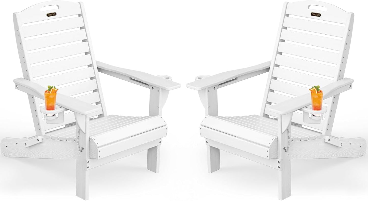 Adirondack Chairs Set of 2, Outdoor Fire Pit Chairs, HDPE All-Weather Adirondack Chairs with Cup Holder, Lawn Chair for Deck, Patio, Garden (White)