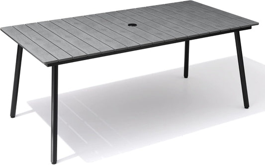 Aluminum 70 Inch Patio Outdoor Dining Table for 6, Umbrella Hole & Wood-Like Top, All-Weather Deck & Backyard Table
