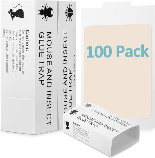 Qualirey Mouse and Insect Glue Boards Pest Glue Traps Bulk Large Mouse Rat Trap Sticky Adhesive for Mice Spider Moth Cockroaches Cricket House Indoor Outdoor Non Toxic(100 Pcs,9.72 x 5.12 Inch)