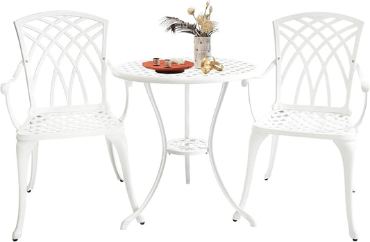 White Bistro Table and Chairs Set of 2, Cast Aluminum White Bistro Set Outdoor, Patio Bistro Sets with Umbrella Hole, Round Back Yard Set for Porch Balcony Garden