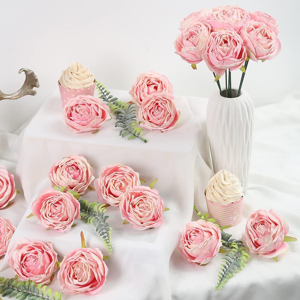 IPOPU Pink Artificial Flowers Rose Heads 25PCS Dried Pink Flowers Artificial Roses with Stems Fake Flowers for Bridal Shower Decorations Silk Flower Heads Bulk Arrangements (Pink)