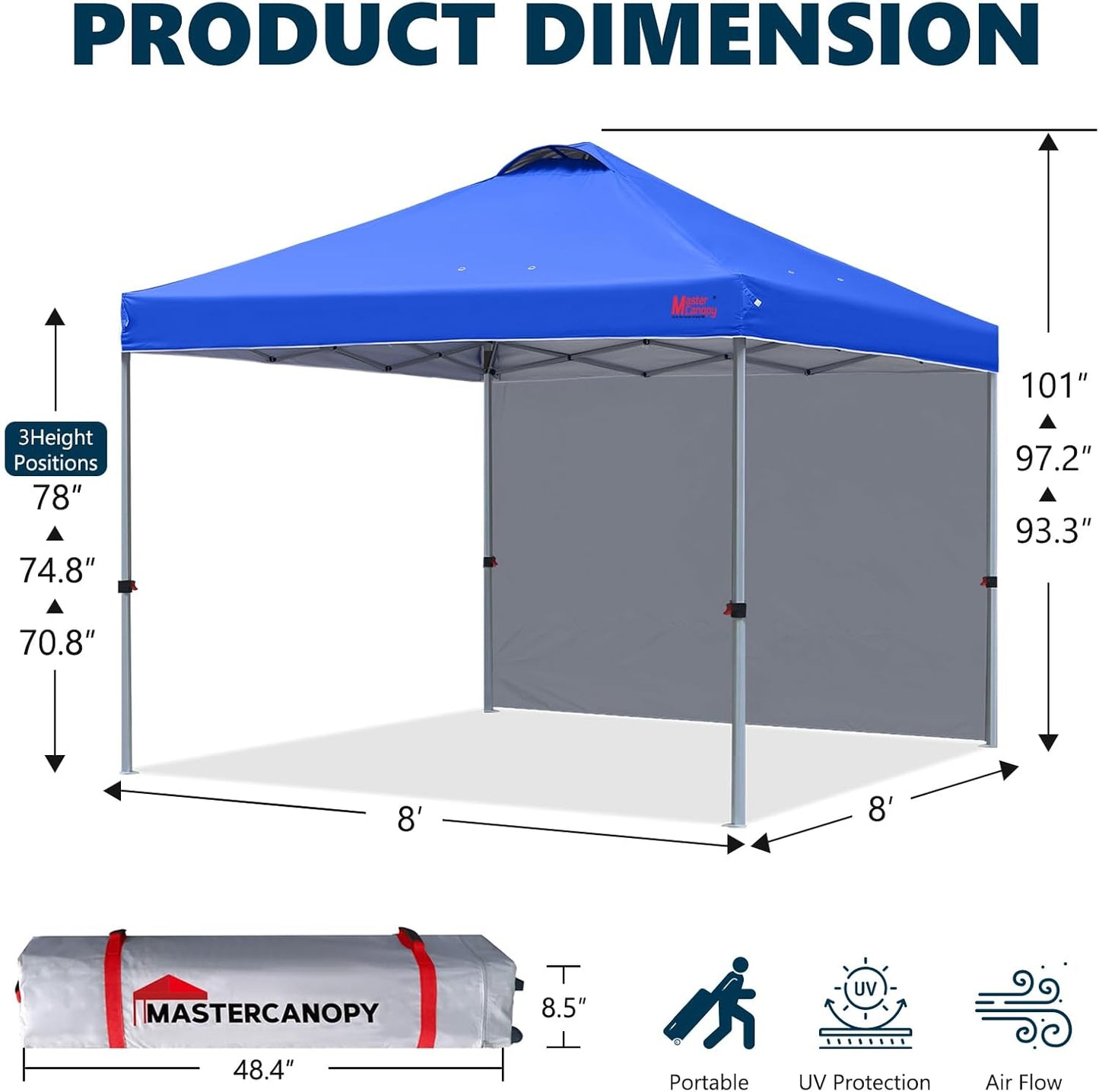 MASTERCANOPY Durable Pop-up Canopy Tent with 1 Sidewall (8'x8',Blue)