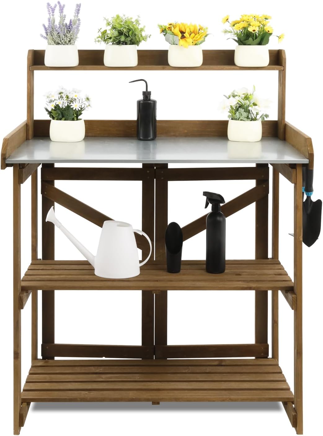 Folding Garden Potting Bench Table，Outdoor Wooden Work Station W/Metal Table Top,2 Tier Open Storage Rack,Top Shelf-Natural Stained